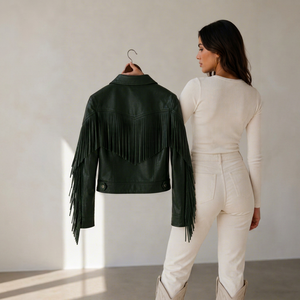 Men's Genuine Leather Fringe <b>Jacket</b> Forest Green <b>Western</b> Cropped Eco-Friendly Anti-UV Custom Logo OEM ODM Wholesale Bulk - Product Image 1