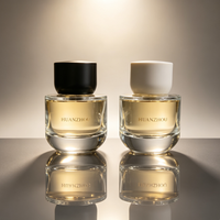 Vente en gros de flacons de parfum en verre transparent à pression haute de 50 ml avec bouchon noir mat, logo de marque personnalisé et boîte cadeau