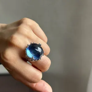 Grande <span class=keywords><strong>bague</strong></span> de mariage classique en aquamarine bleue naturelle pour femmes et hommes, perles ovales en cristal Reiki de guérison, argent, 22x19mm - Product Image 5