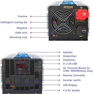 Gandiel 4000W Heavy Duty <span class=keywords><strong>Power</strong></span> Inverter tinh khiết Sine Wave DC12V để ac120v 4 AC cửa hàng điều khiển từ xa 2.4A <span class=keywords><strong>USB</strong></span> LED NFC kết nối - Product Image 4