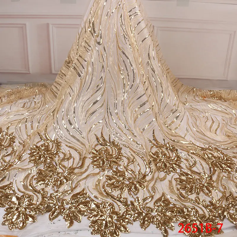 Ni. Ai thời trang lấp lánh Sequins ren vải sang trọng vàng Net ren hoa thêu vải tuyn ren vải
