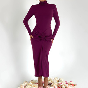 Vestido Midi Fruncido de Manga Larga con Cuello Alto para Mujer, Vestido de Noche a la Moda con Cintura Natural y Ajuste Cómodo - Product Image 4