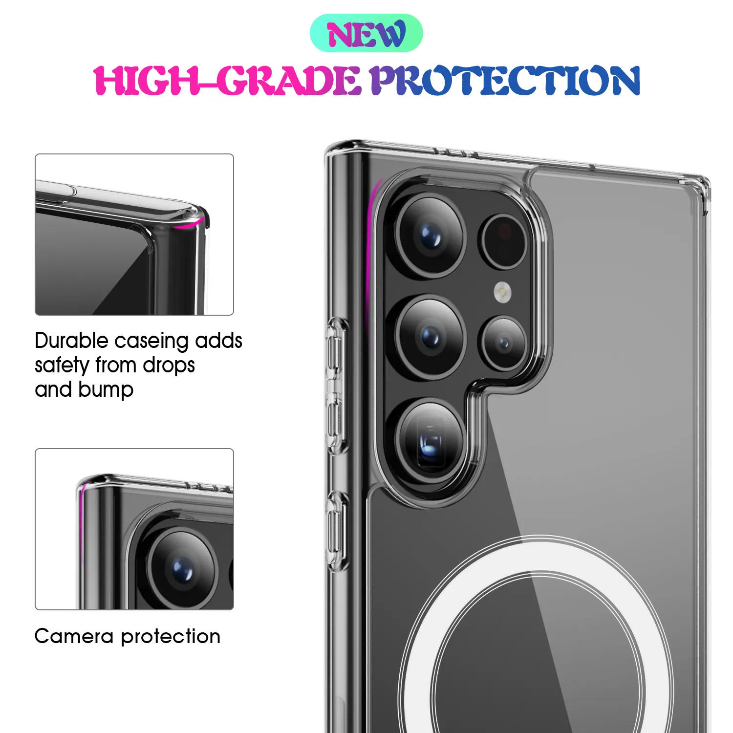 Fashion Shockproof PC Tempered Glass Phone Case with Magnetic Display for Samsung Galaxy S24 Ultra