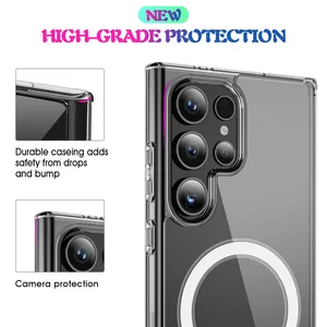 삼성 갤럭시 S24 울트라 용 마그네틱 디스플레이가있는 패션 충격 방지 PC 강화 유리 전화 케이스