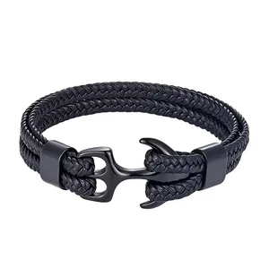 Fashion Custom Jewelry Wholesale Leather Stainless Steel Anchor Hook Bracelet Men Classic Nautical Bracelet Leather