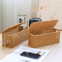 Boîte de rangement pour multiprises rectangulaire en rotin tressé PP avec couvercle pour bureau, meuble TV, salon, bureau à domicile, décoration