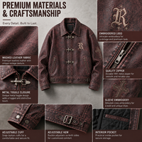 Blouson universitaire OEM en cuir craquelé bordeaux pour homme, avec boucle à crochet métallique, broderie gothique, style motard et de course