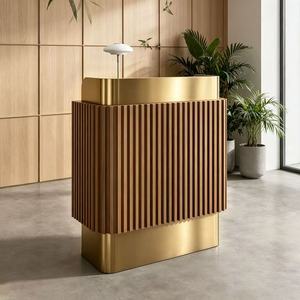 Luxury Modern Fluted Wood & Brushed Gold Reception <b>Desk</b>-Small Standing Checkout Counter for Hotels Compact Commercial Use - Product Image 1