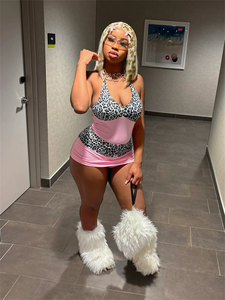 Ghy5956 báo in chắp vá dây ren-up Mini ăn mặc Phụ nữ sexy v-cổ backless Ruched cơ thể định hình váy - Product Image 2