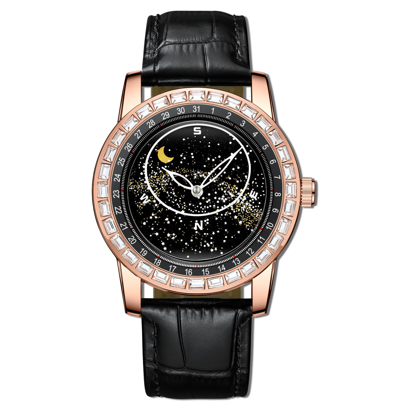 หน้าปัดสีดำ-หนังสีดำ-โรสโกลด์-ปุ่มไบดา