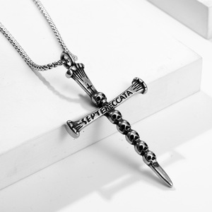 Collier croix en acier inoxydable avec pendentif tête de mort, bijoux de mode unisexe en argent antique SP980 - Product Image 2