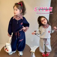 Ensemble 2 pièces en coton pour petites filles, sweat-shirt à col à carreaux effet deux pièces et pantalon brodé, tenue preppy pour enfants, vente en gros