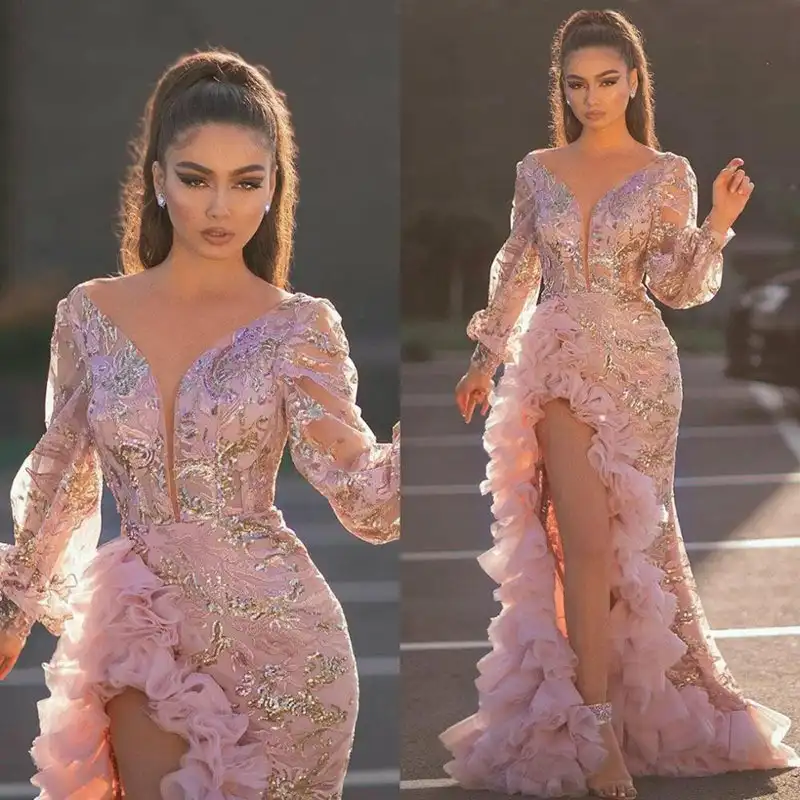 2022 유럽과 미국의 새로운 섹시한 엉덩이 후행 스팽글 핑크 긴 드레스 메쉬 우아하고 아름다운 이브닝 드레스