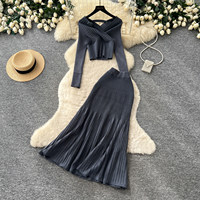 Ensemble deux pièces pour femme : Haut en maille slim à col en V et jupe crayon taille haute – Tenue de bureau élégante deux pièces pour femme