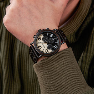 Noir Sandal Bois Montre Quartz <span class=keywords><strong>Chrono</strong></span> Hommes Montre-Bracelet Multifonctionnel Chronomètre - Product Image 3