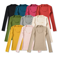 T-shirt moulant à col en V pour femme Qiu Chun, manches classiques, style Spice Girls, en tissu extensible Spandex/Coton, uni, teint, haut long de printemps