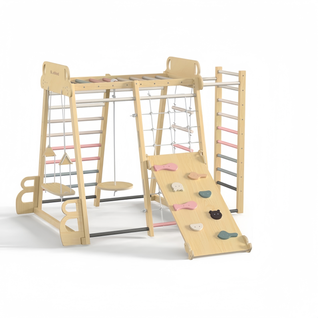 Custom Indoor Playground for Kids Montessori Wooden Toddler Jungle Gym Indoor with Slide Swing Rope Ladder and Climbing Net