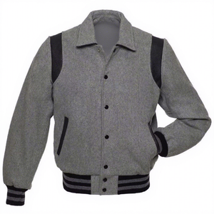 Veste varsity grise pour homme, col rabattu, fermeture boutonnée, vêtement d'extérieur décontracté pour l'automne, manches régulières, matière laine et polyester - Product Image 1