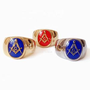 UJBOX da uomo anelli da uomo R726G classico blu rosso smalto massonico gioielli placcati oro fusione in acciaio inossidabile - Product Image 1