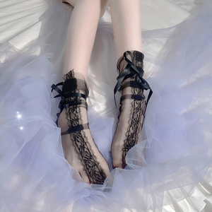 Calcetines de encaje sexy transparentes con lazo de lujo y volantes, estilo Lolita, ultrafinos, vintage, huecos, para <span class=keywords><strong>mujer</strong></span> - Product Image 4