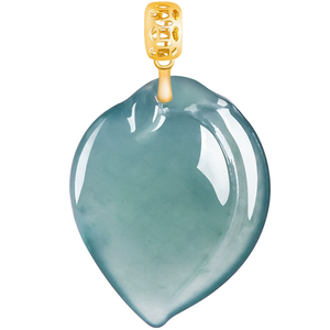 Pendentif en émeraude naturelle bleue en forme d'eau, serti d'or 18 carats et avec un pendentif en jadéite de qualité glace. - Product Image 5