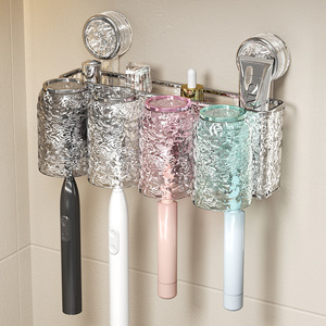 Suction Cup <b>Toothbrush</b> <b>Holder</b> <b>Wall</b> <b>Mounted</b> Transparent 4 Cup With Toothpaste Storage Bathroom Organizer No Drill Required - Product Image 4