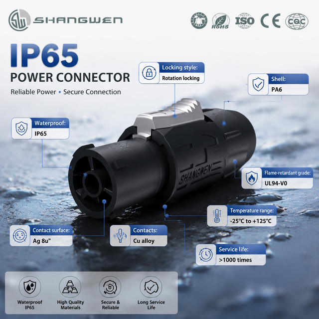 Latch Lock Powercon Connector, 3Pin Male Plug & Female Socket, IP65 20A 250V, UL94-V0 PA6, Plated Cu Alloy Screw Wired Contacts