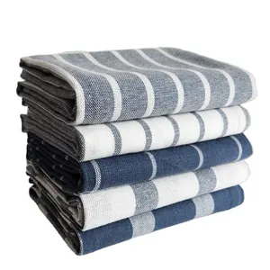 Custom Blue Plaid Dish Towel 100% Cotton Restaurant Tea Towels Checks Stripe Kitchen Towel Set
