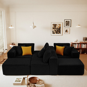 Ensemble de canapé modulaire convertible en forme de U, 132 pouces, 4 places, avec chaise longue réversible, tissu en velours côtelé rayé noir - Product Image 3