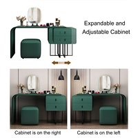Coiffeuse moderne en cuir Napa avec armoire latérale extensible, miroir LED 3 couleurs et tabouret pour chambre à coucher.
