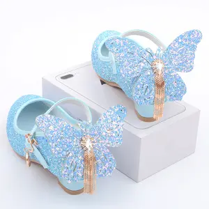 Penjualan langsung dari pabrik sepatu kulit putri High Heels baru sepatu pesta Glitter anak perempuan Fairy Tales dengan pita besar