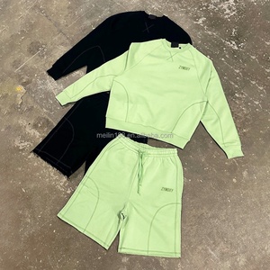 Custom 100% Cotton Crew Neck Sweater and Shorts Set Contrast Stitch <b>Jogging</b> <b>Suit</b> Oversized Heavyweight Custom Sweat <b>Suit</b> - Product Image 1