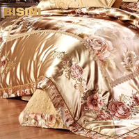 Parure de lit de style royal avec broderie florale kaki, drap de lit en soie exquis, couvre-lit, magnifique ensemble de literie, quatre pièces pour villa