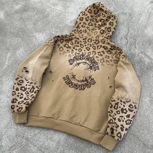 Custom Streetwear 500 Gsm Zipper <b>Hoodie</b> Heavyweight <b>Leopard</b> <b>Hoodie</b> Manufacturers Oversized Distressed Acid Wash Zip Up <b>Hoodie</b> - Product Image 2
