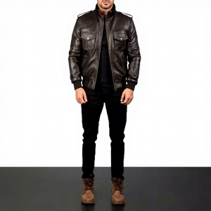 Chaqueta de Cuero Marrón Oscuro para Hombre, Cuello Alto, Bolsillos con Solapa de Piel de Oveja, Epaulettes, Estilo Bomber, Personalizada, Abrigo de Invierno Cálido - Product Image 1