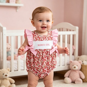 Combinaison bébé fille rose à fleurs brodées SR3939, adorable ensemble en coton et élasthanne. - Product Image 1