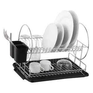 2層皿収納ホルダーラック、食器を収納するための水切りボード/カトラリーカップ付きキッチン皿乾燥ラック