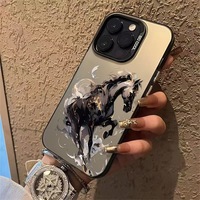 Coque de téléphone portable en TPU PC avec impression Cheval Porte-Bonheur et clé argentée électroplaquée pour iPhone X Xr Xs 11 12 13 14 15 16 17 18 Pro Max