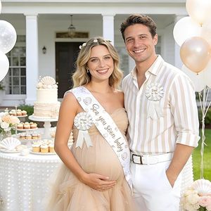 Decorazioni per Baby Shower 'Ci Vediamo Presto', Fascia con Conchiglie Bianche, Corona Floreale, Distintivi 'Future Mamma' e 'Future Papà' per Festa del Bambino - Product Image 4