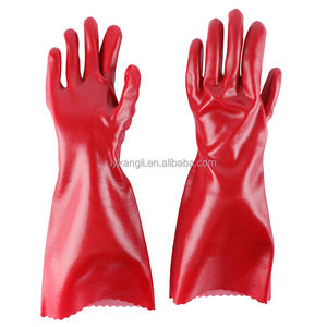 قفازات عمل ميكانيكية متينة مقاومة للمواد الكيميائية، قفازات صناعية حمراء مضادة للانزلاق ومقاومة للماء مطلية بالـ <span class=keywords><strong>PVC</strong></span> بأكمام طويلة - Product Image 5