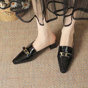 White Square Toe Mules With Gold Buckle <b>Slip</b>-On Loafers For <b>Women</b> All Seasons Comfortable Flats - Product Image 4