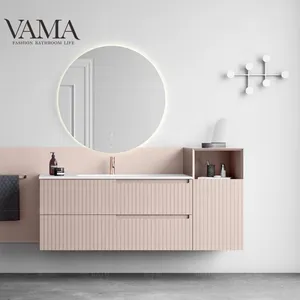 VAMA Factory 1200 mm Width Italian Luxury Slotted Wood Bathroom Vanity Furniture Pink Lacquer Bathroom Cabinet 8002-120