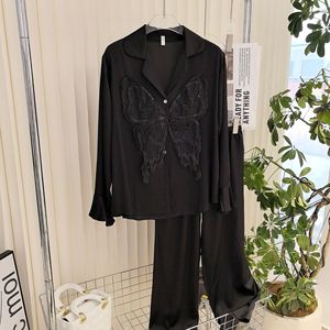 Горячая распродажа 2026: Комплект женской одежды из кружевного шелка «Бабочка» (пижама) – тонкая, свободная рубашка с длинным рукавом и длинные брюки, однотонный, большие размеры. - Product Image 4