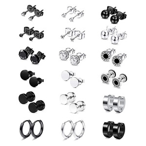 Unisex Hoop Earrings <b>Set</b> 12 Pairs Stainless Steel Black Silver Studs <b>Rings</b> Simple Elegant Fashion Jewelry for <b>Men</b> Women - Product Image 1