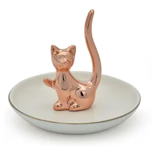 Lovely Ceramic Cat Ring Holder Animal Jewelry Tray Wedding Rose Gold Jewelry Holder