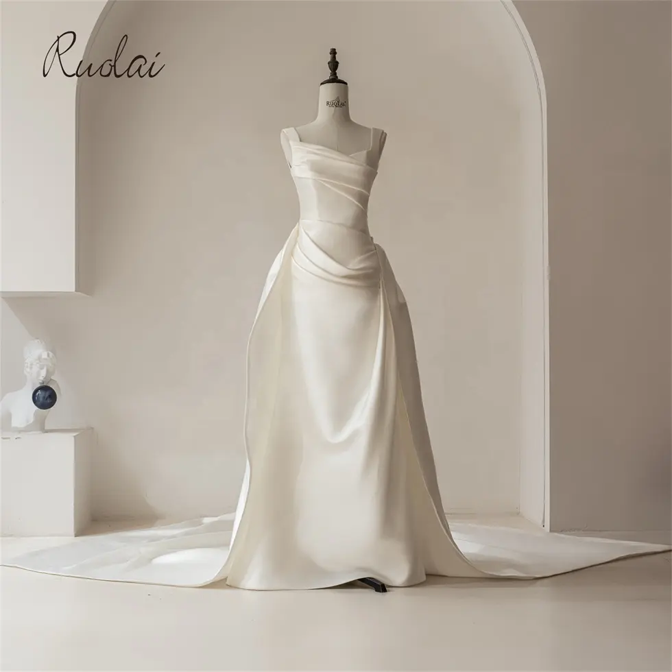 Ruolai QD06232 alta calidad sin mangas con cordones en la espalda barrido tren Simple satén vestido de novia vestidos de novia