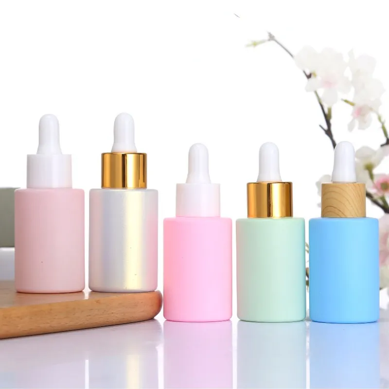 Dropper Glass Bottle Cosmetic Oil Dropper Containers Skin Care Packaging Set Round Shape Ready to Ship 30ml 1oz Pink Blue Yellow