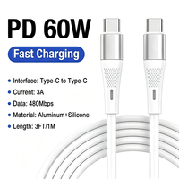 Kabel Pengisian Cepat USB C ke C Grosir PD 60W 3A, Kabel Sinkronisasi Data 480Mbps Silikon Aluminium untuk Ponsel Tablet Laptop