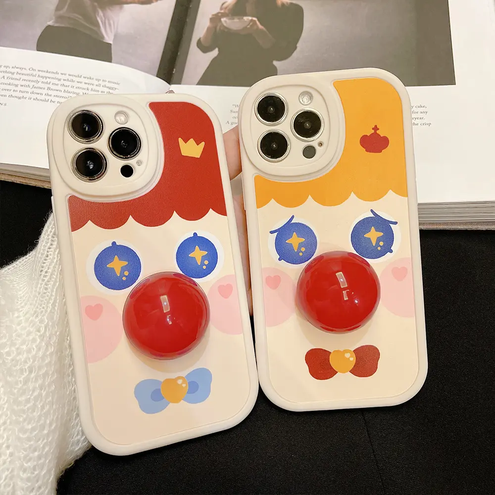 Casing ponsel silikon TPU badut kartun lucu, casing penutup belakang ponsel dengan sandaran hidung merah untuk iPhone 14 13 12 Pro Max Kickstand