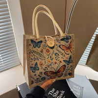 Sac fourre-tout décontracté en jute de style vintage avec motif floral grande capacité avec bouton sac à main réutilisable sac cadeau promotionnel